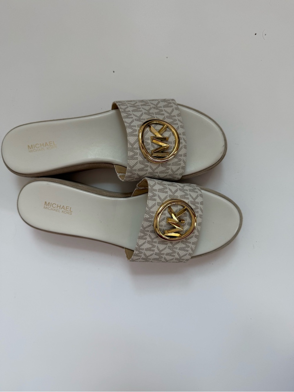 MICHAEL Michael Kors Cream Beige Logo Slide Sandals with Gold Emblem
